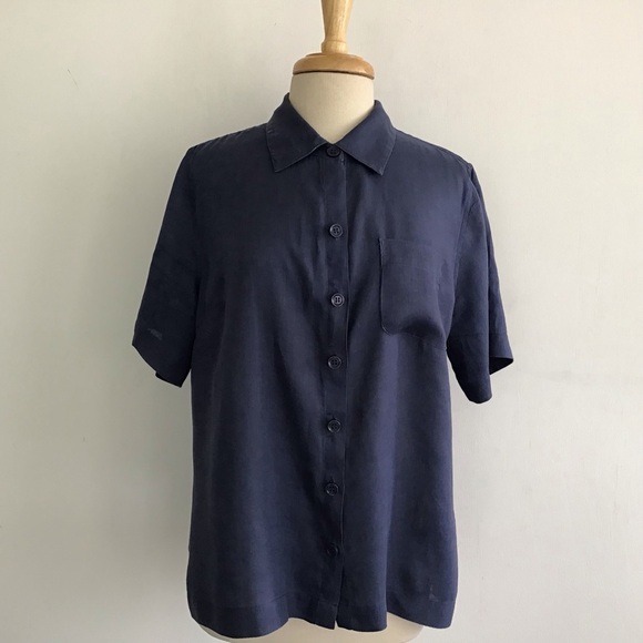 Coldwater Creek Slate Blue 100% Linen short sleeve button up collared shirt M - Picture 1 of 7